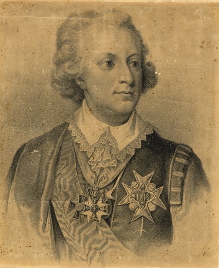 Porträtt, litografi.
Porträtt av Gustaf III, iklädd svenska dräkten med ordnar.