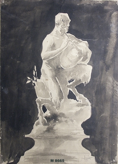 Akvarellmålning i svart/vitt på papper.
Spelande faun. Motiv från någon staty.