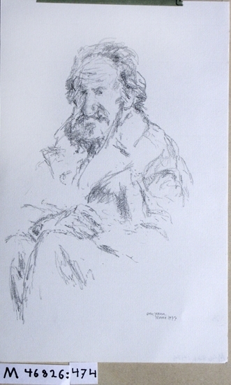 Kolteckning.
Porträtt, föreställande sittande man med skägg och tjock överrock.