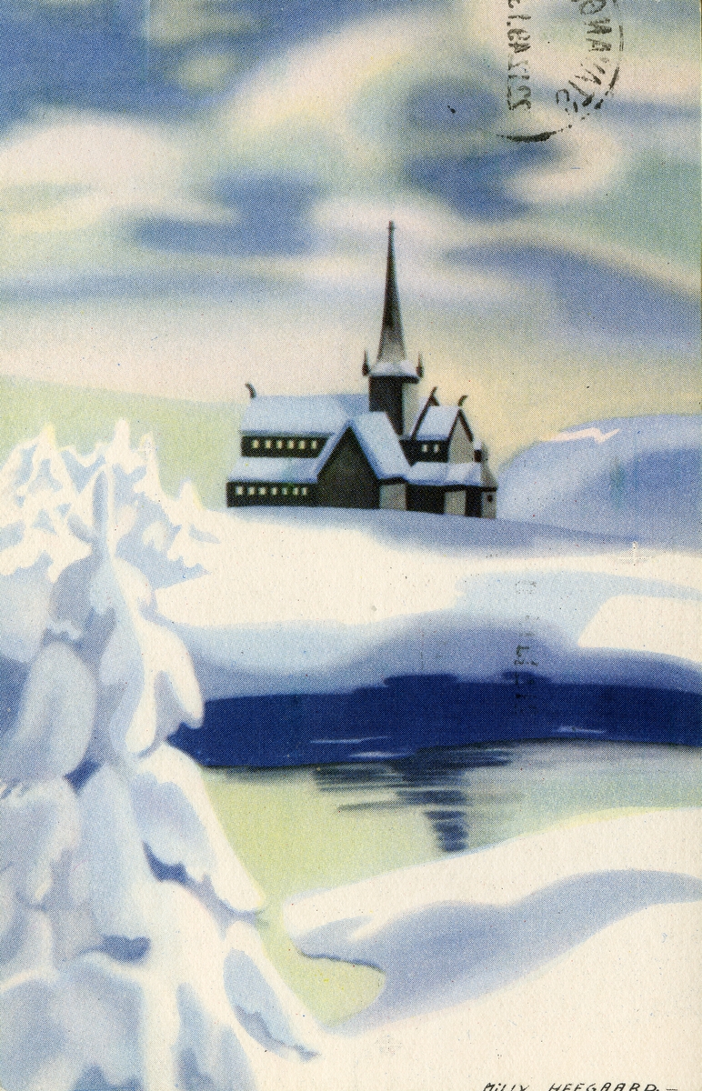 Julekort. Jule- og nyttårshilsen. Kirke i vinterlandskap. Stemplet 22.12.1949.