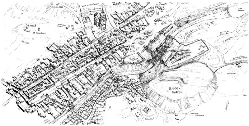 Bergstadens byplan på midten av 1800-tallet. Tegning av Sverre Ødegaard. (Foto/Photo)