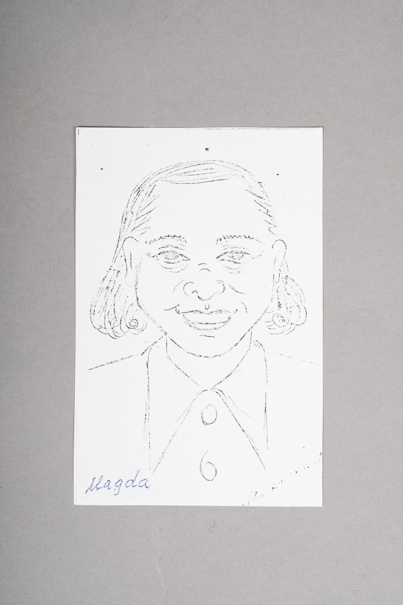 Kopi av portrett-tegning av Magda. Portrettet (originalen) er tegnet med blyant eller penn, og er i svart-hvitt.