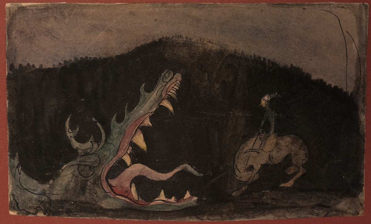 Blandtekniksmålning föreställande en ryttare som rider mot en drake med stort öppet gap. I bakgrunden skogklätt berg. Osignerad.