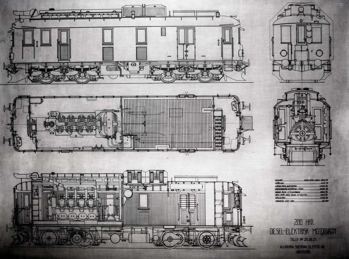 Ritning till diesel-elektrisk vag för HNJ.
Tillverknings år: 1925.