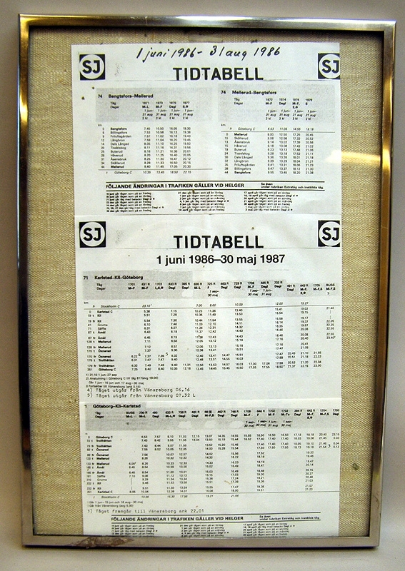 Rektangulär stående anslagstavla klädd med gråvit textilbakgrund inom en ram av plåt, och med glas som skyddande framsida. Baksidan helt av plåt. På tavlan sitter en kopierad tidtabell som har gällt 1 juni 1986 till 31 augusti 1986 för orterna Bengtsfors-Mellerud, samt en annan tabell från 1 juni 1986 till 30 maj 1987 för orterna Karlstad-Kil-Göteborg tur och retur.