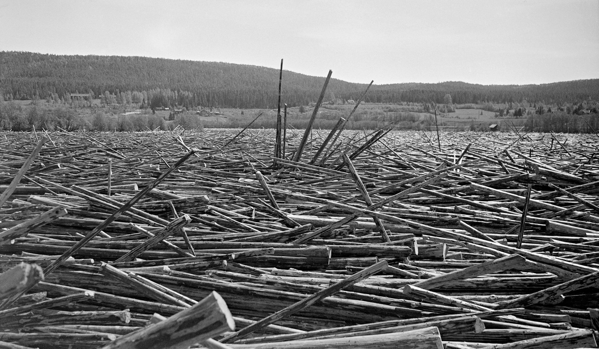 «Tømmsett» ved Funnefoss i Glomma, i nordre del av Nes kommune på Romerike. Fotografiet er tatt i mai 1938, på et tidspunkt da det var uvanlig mye vann og tømmer i vassdraget.  Fotografiet er sannsynligvis tatt i en elvesving like ovenfor den nevnte fossen, med Sandåker-gardene, Knefallsmåsåberget og Eievarden i bakgrunnen.  Det som fanger oppmerksomheten her er imidlertid de store mengdene med barket fløtingsvirke som er stuvet sammen i elveløpet atter at en del tømmer hadde «satt seg» lengre nede og dermed blitt liggende som en propp som stengte for stokkene som kom flytende ovenfra.  Dette tømmeret og vannmassene som kom ovenfra presset på, noe som skapte den situasjonen vi ser her, hvor en del stokker er presset opp i mer vertikale stillinger.  Funnefossen besto egentlig av en serie terskler i elva, og hadde et samlet fall på 10-11 meter over en strekning på om lag 850 meter.  Særlig ved lav vannføring hadde fløtingstømmeret lett for å sette seg fast i fossen.  Dersom det samme skjedde når det var mye tømmer og vann i elva, kunne konsekvensene bli en situasjon som den dette fotografiet viser.