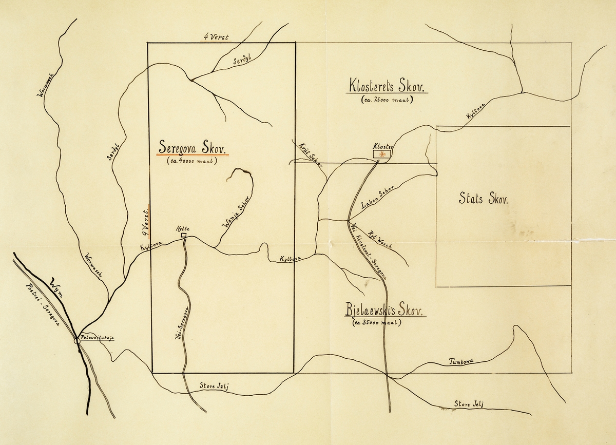 Håndtegnet kart over skogområder i Nordvest-Russland, der trelasthandlerne Thorleif Bache (1854-1920) og Jens Vig (1873-1965) fra Drammen tidlig på 1900-tallet kjøpte noe som kaltes Seregovo-skogen, på kartet markert med et rektangel (til venstre) og navngitt «Seregova Skov».  Ifølge det samme kartet skal eiendommen ha vært på 40 000 mål, andre kilder sier 43 000 mål (dekar) eller 4 300 hektar.  I nordøst grenset drammensinvestorenes skog mot en klosterskog på om lag 25 000 dekar og i sørøst mot noe som kaltes «Bjelaewski’s skov» på om lag 35 000 mål.    Lengre øst i området lå det også en del statsskog.  I denne regionen hadde det knapt vært drevet tømmerskogbruk med henblikk på industriell bearbeiding av virket for salg av trelast på det internasjonale markedet før i den perioden da de nevnte investorene kjøpte Seregovo-skogen.  Vinteren 1909-1910 sendte de den erfarne og robuste hadelendingen Andreas Kammerud (f. 1863[?]) østover for å bestyre driftene med 17 år gamle Egil Abrahamsen (1893-1979) som assistent.  Assistentens viktigste oppgaver var å være tolk, kokk og bud, samt å bistå med tømmermåling og fløtingsadministrasjon.  Det var transporten fra Seregovo til sagbrukene i Arkhangelsk som var den mest krevende delen av prosjektet for de driftsansvarlige.  Det startet på et vassdrag som gikk gjennom Seregovo-skogen – Kultova – og fortsatte på større elver som kaltes Vym og Vytsjegda, før tømmeret nådde Dvina, hvor det ble fløtet ned til kystbyen Arkhangelsk.  Fløtingsdistansen skal ha vært på om lag 1 300 kilometer.  Så lang fløting var det bare de aller ypperste kvalitetene – grove, rettvokste og på alle måter feilfrie rotstokker – som tålte.  Den andre driftssesongen, vinteren 1910-11 fikk for øvrig Kammerud og Abrahamsen problemer med naboskapsrelasjonen til det nevnte klosteret.  Denne episoden er beskrevet i et utsnitt fra Abrahamsens memoarer, som er gjengitt under fanen «Opplysninger».