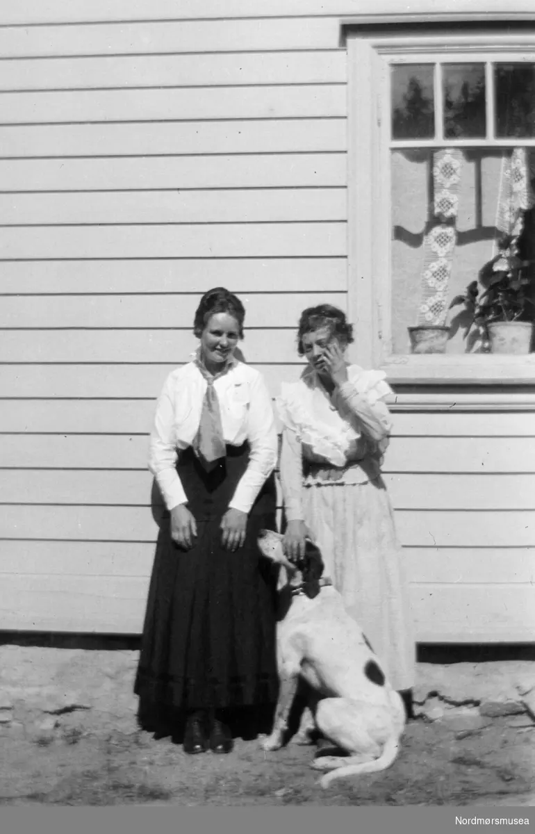Portrett av to kvinner og en hund. Muligens fotografert i Eidsvåg, Nesset kommune. Fra Sverdrupsamlingen ved Nordmøre museums fotosamlinger.