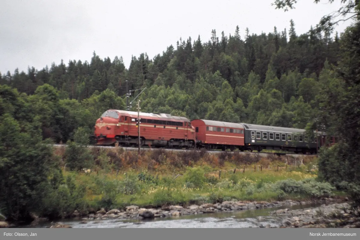 Dagtoget fra Oslo Ø til Trondheim. Toget trekkes av diesellokomotiv type Di 3. Som vogn nr. 2 i toget en tsjekkisk liggevogn som ble fremført Praha-Bodø.