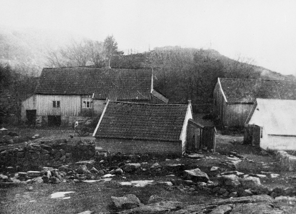 Gardstunet på Eikeland, bnr 3 omlag 1920.
Våningshuset til venstre er bygd ca 1800. Det vart seinare ombygd ca 1925. Huset er eit jærhus med uvanleg høge murar pga terrenget. Vestre dør er på andre sida. Huset vart rive i 1974.
Uthuset i midten er eit fjøs til Jesper Eikeland (6.4.1934 - ). Seinare etter utskiftinga brukte Olaus Egeland løa til høns og kalvar. 
Øvst til høgre er låven som høyrde til hovedbruket, Eikeland bnr. 3. Nedst til høgre eit nyare sauehus som først sto oppført på nabogarden, Hedlehod'l