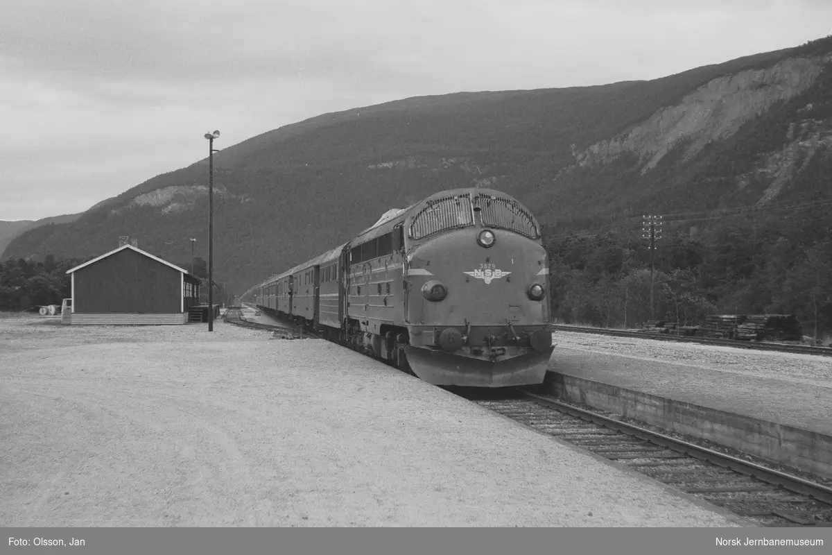 Dagtoget fra Bodø til Trondheim til Bodø, hurtigtog 452, på Røkland stasjon. Toget trekkes av diesellokomotiv type Di 3 nr. 629.