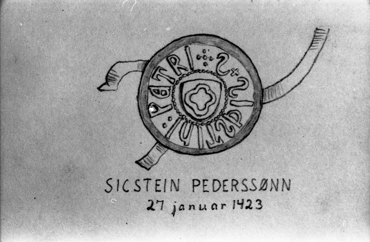 Avfotografert tegning av et gammelt segl. Under seglet står skrevet: Sicstein Pederssøn, 27 januar 1423. Originaltegningens opphav er ukjent.