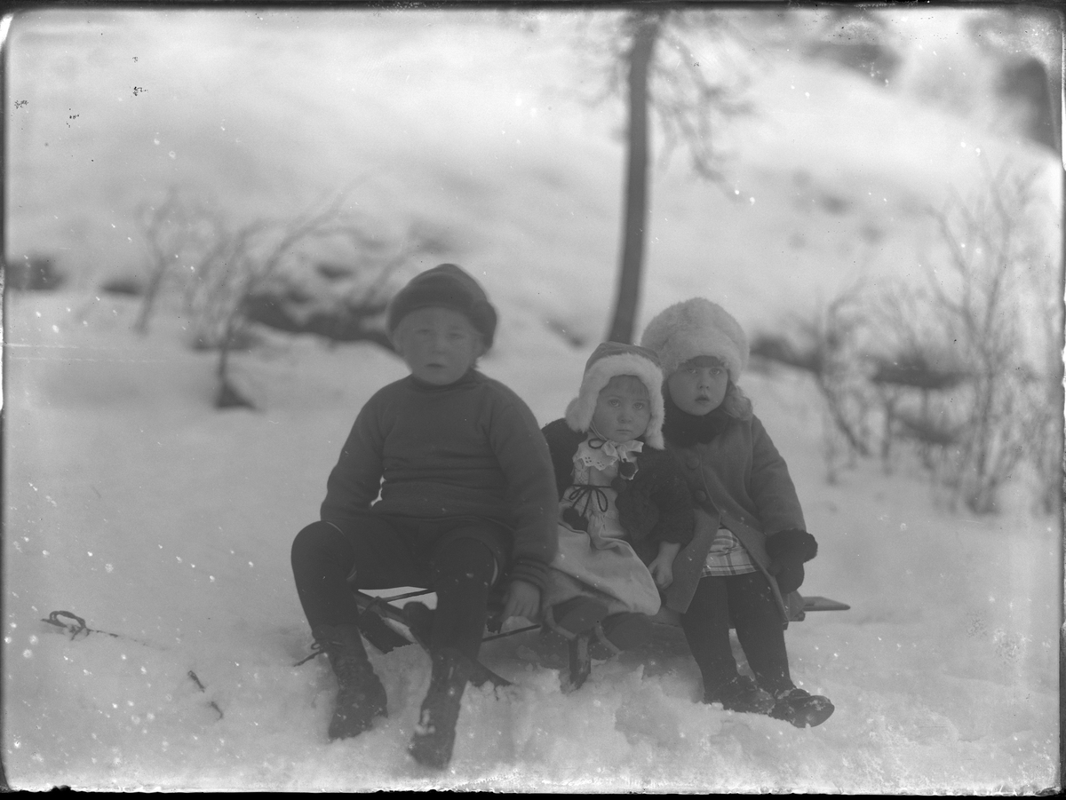 Anders Glasins barn, troligen är den yngsta flickan Lilly Anna Maria och pojken Sven Axel Wilhelm. Barnen sitter vinterklädda på en kälke i snön.