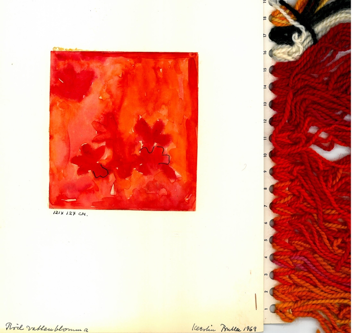 Skiss och garnblandning till flossa- och ryamatta Röd vattenblomma
Formgivning: Kerstin Butler 1969