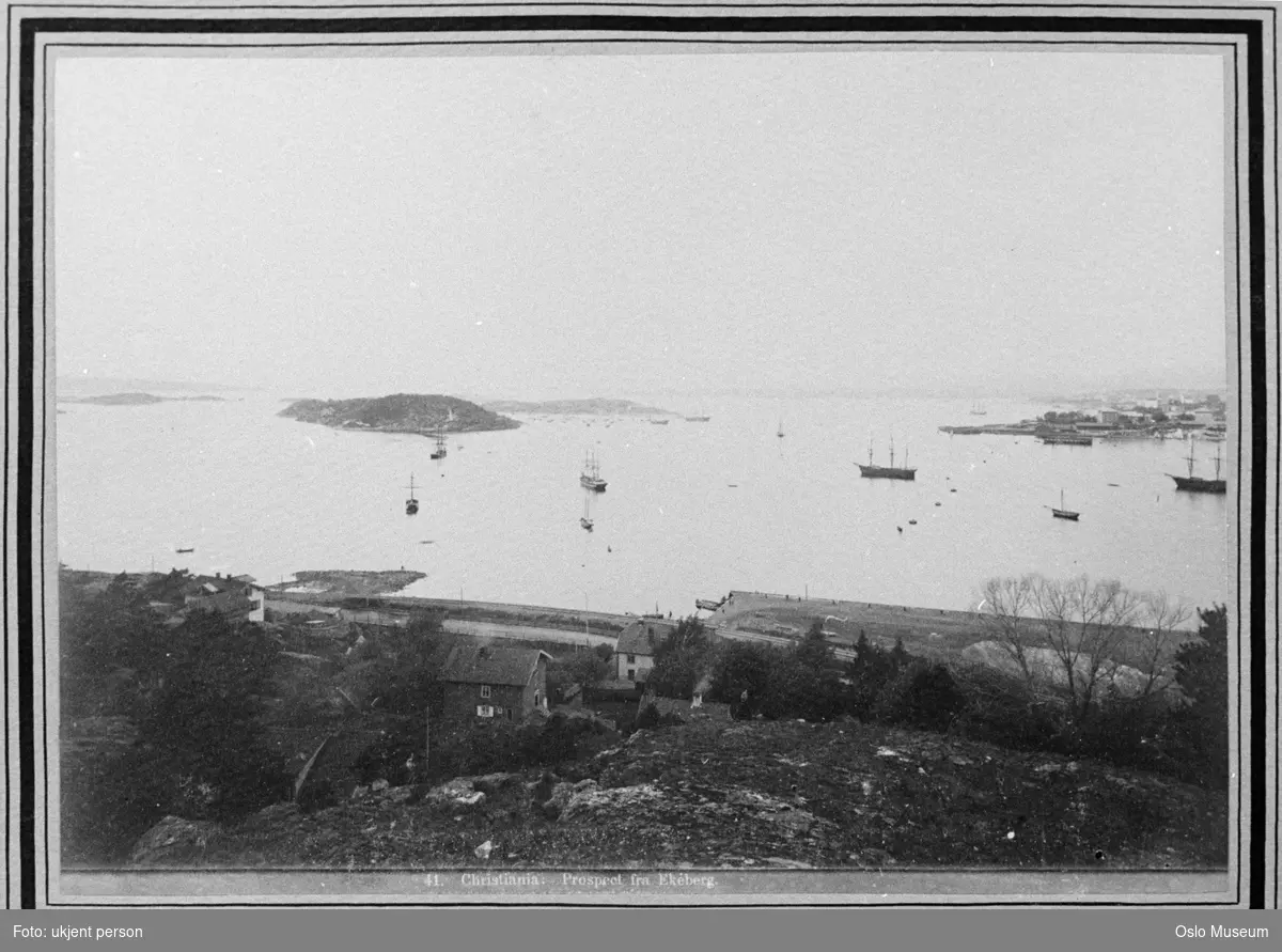 utsikt, fjord, seilskip