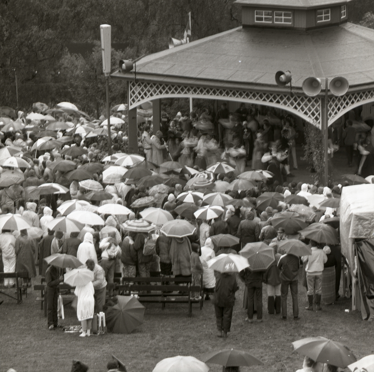 En publik under paraplyn tittar på finalen av hälsingehambon 1986.