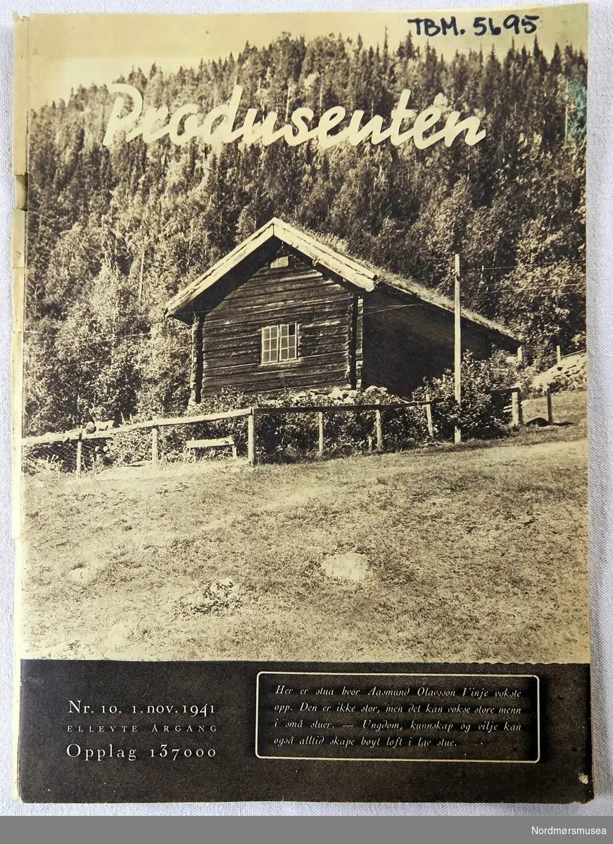 Bladet er utgitt av Lanbrukets Opplysningsnemnd i 1941.
Framsidebildet er"stua hvor Aasmund Olavsson Vinje vokste opp".
