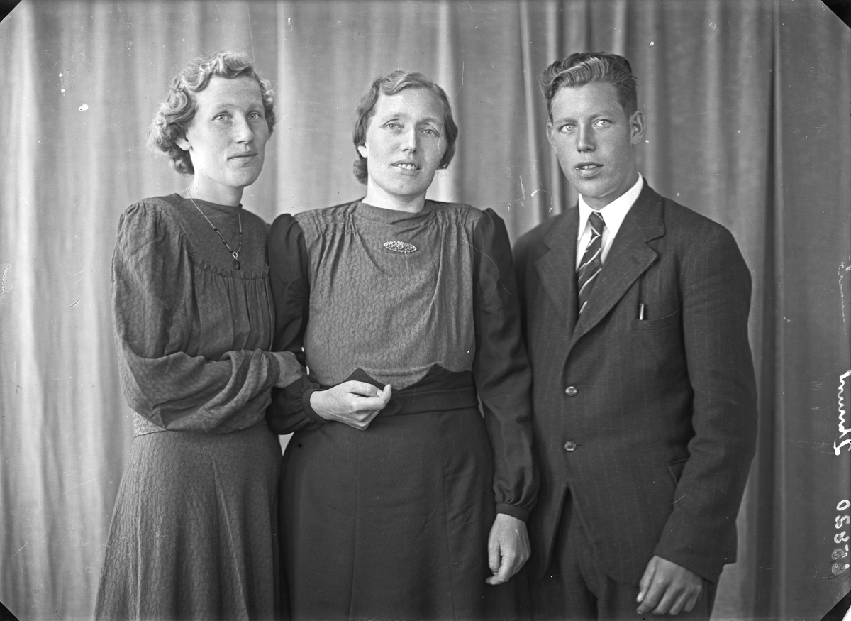 Gruppebilde. Familiegruppe på tre. Ung kvinne, kvinne og ung mann. Bestilt av Anna Næss. Våga. Sveio.