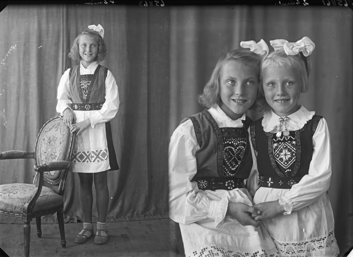 Portrett. Lyshåret ung pike i nasjonaldrakt med sløyfe i håret. Eldst av to søstre. Bestilt av Erling Nilsen. Strangt. 181
