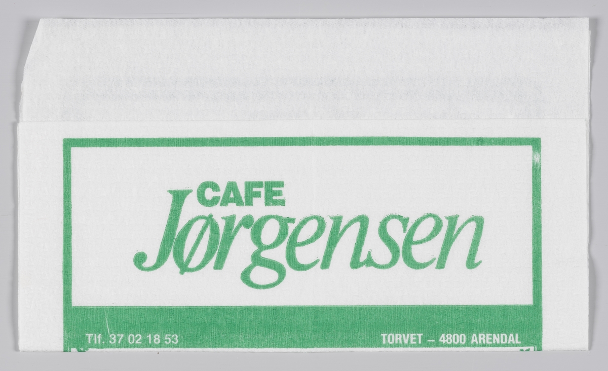 En reklametekst for Cafe Jørgensen i Arendal.

Baker Jørgensen ble etablert av Fredrik Emanuel og Karin Jørgensen i 1904. Deres første dagsomsetning var kr 13,00.

Hoved utsalget og produksjonslokalene hvor vi daglig produserer brød og bakevarer er i hovedbygningen på Torvet, hvor virksomheten har vært siden 1904.

Samme reklame på MIA.00007-004-0200.