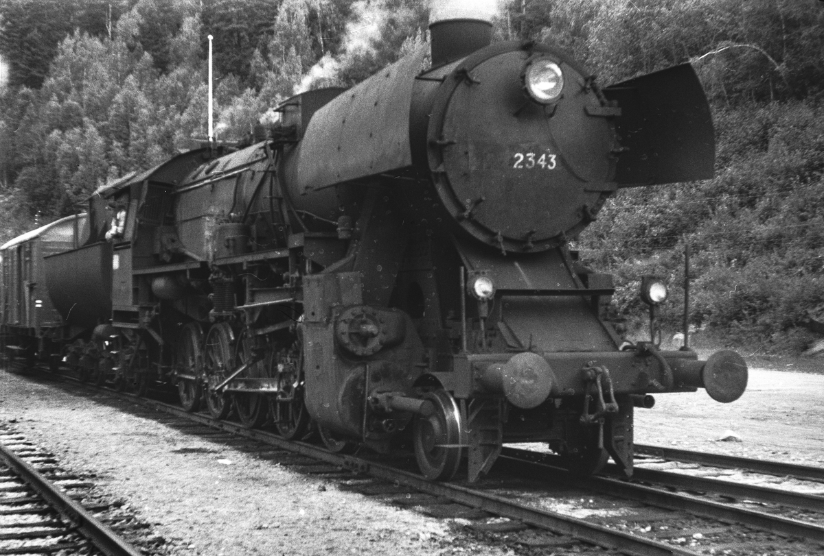 Damplokomotiv type 63a nr. 2343 med godstog på Verma stasjon.