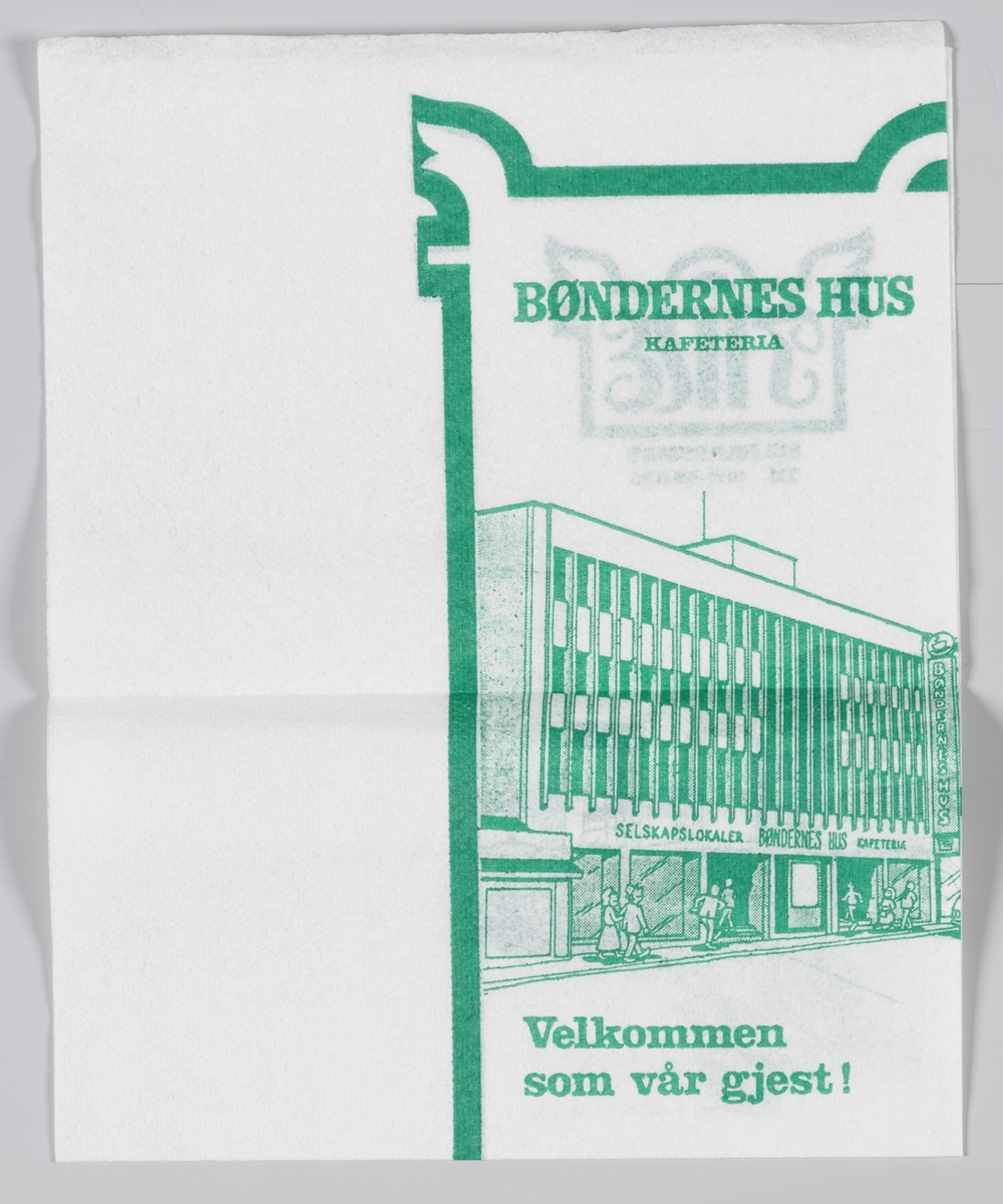 En tine med reklametekst en tegning av bygningen som huser kafeteriaen Bøndernes Hus i Lillehammer.