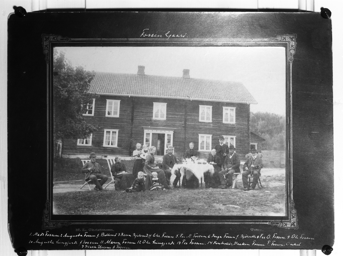 Avfotografert gruppebilde fra "Fossen gaard" (skrevet over bildet). Personene er påført nummer, og navn skrevet under bildet.