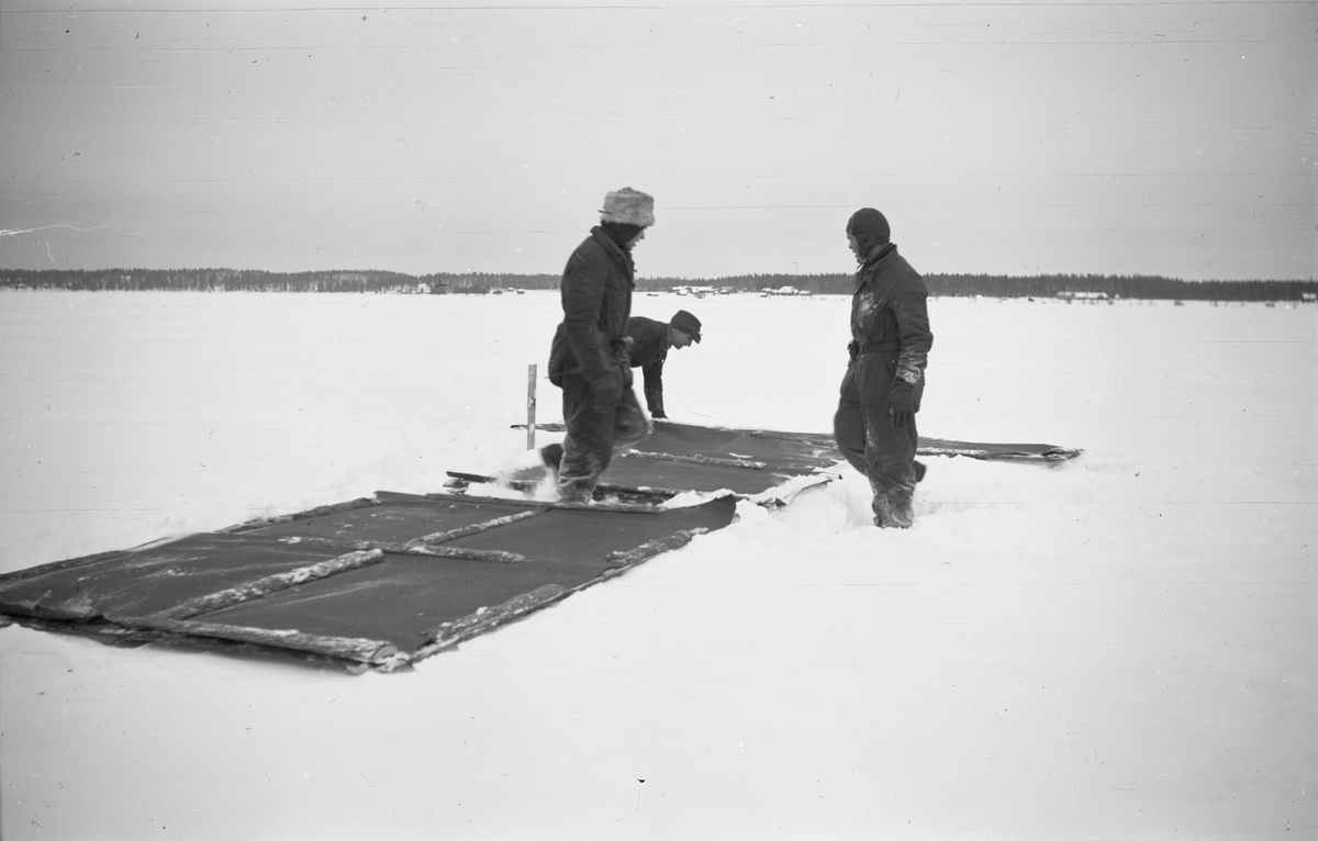 Signalering till flygplan med hjälp av tjärpapp vid Svenska frivilligkåren i Finland, F 19. Tre militärer i arbete att lägga ut märken på ett fält. Vid främre basen i Vaala.