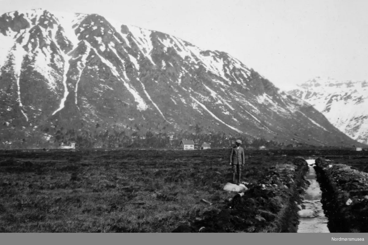 Foto av en mann ute på marken. Et bilde fra en samling fotografier med bureisingsfelt i Norge. Originalmaterialet tilhører Norsk myrmuseum i Smøla kommune. Fra Nordmøre museums fotosamlinger.