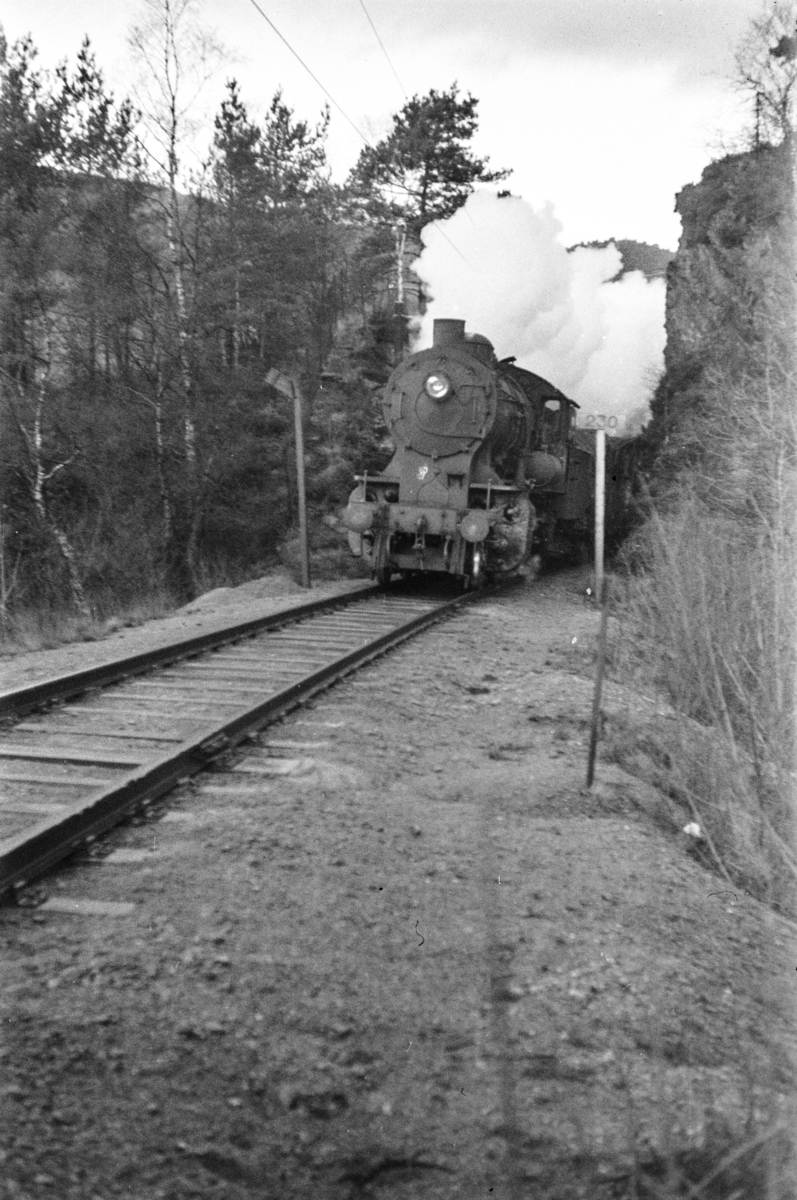 Damplokomotiv type 33a nr. 300 med godstog ved "Dødehavet" mellom Fjøsanger og Hop.