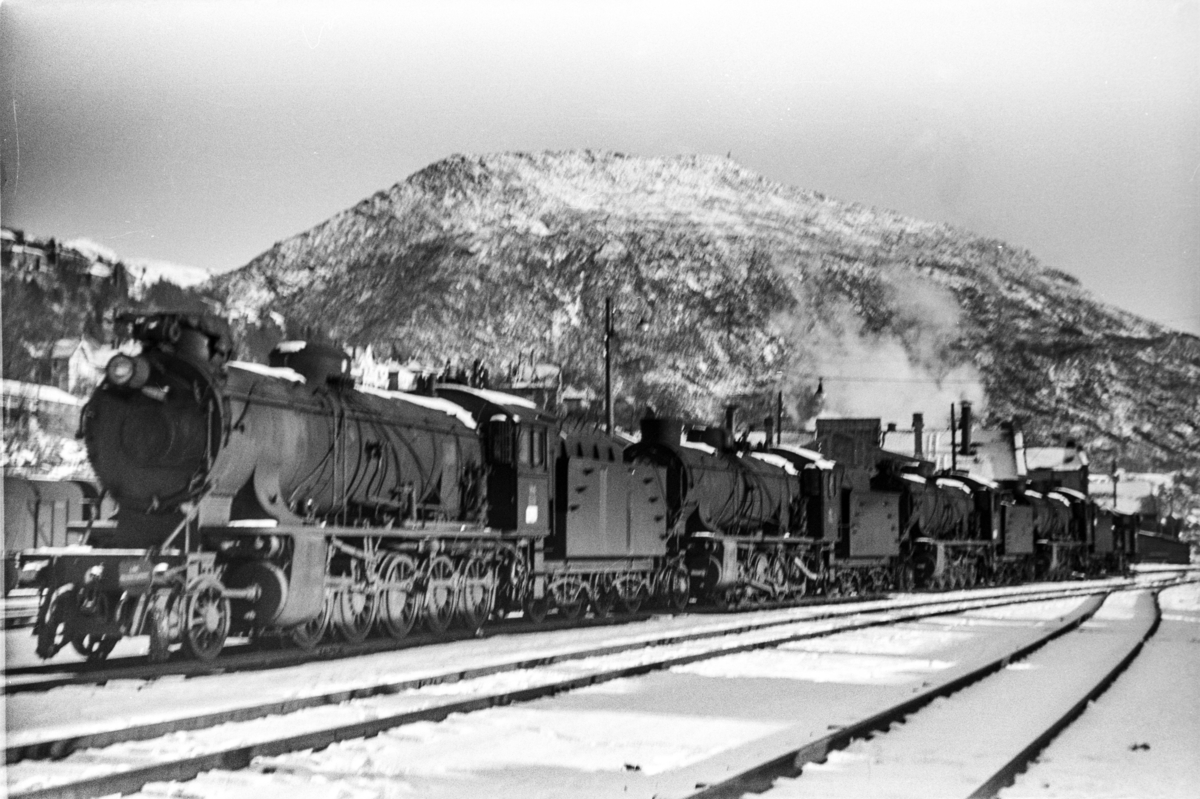 Utrangerte damplokomotiver type 39a på Bergen stasjon, fra venstre nr. 166, 170, 168 og 309. Helt til høyre type 25d nr. 425.