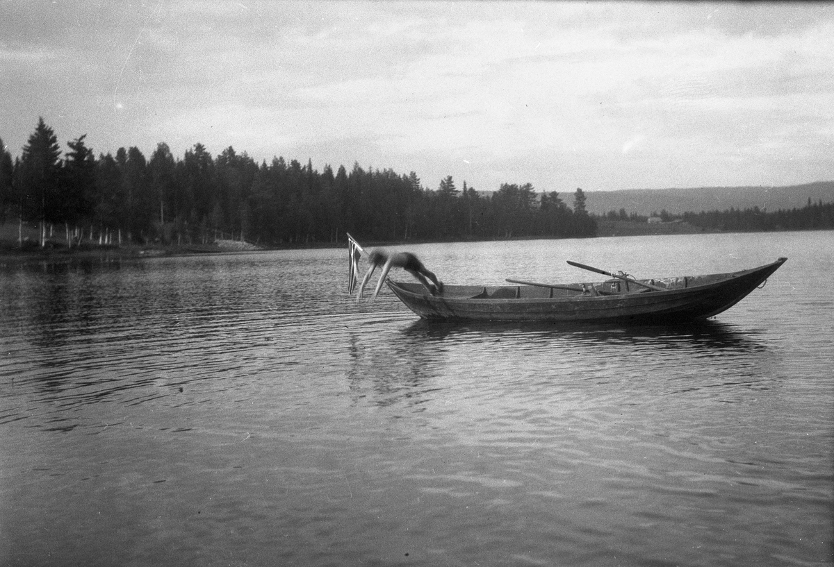 En gutt stuper fra robåt,Lisjøen.