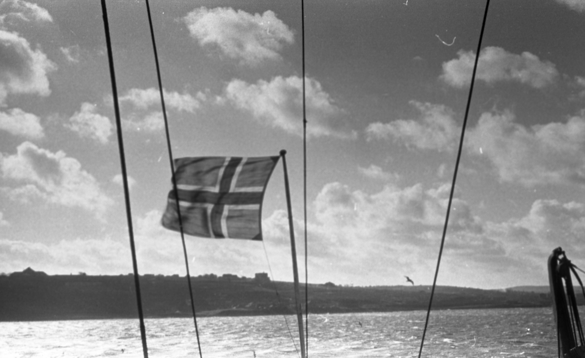 Det Norske flagget vaier i vinden. Kystlandskapet ved Halifax i bakgrunnen. Suderøy på vei til fangstfeltet.