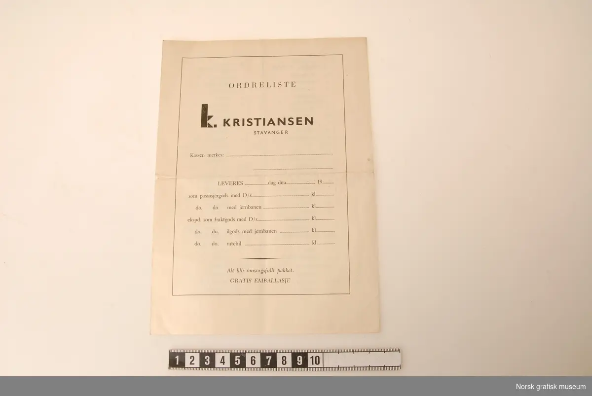 Ordreliste fra K. Kristiansen