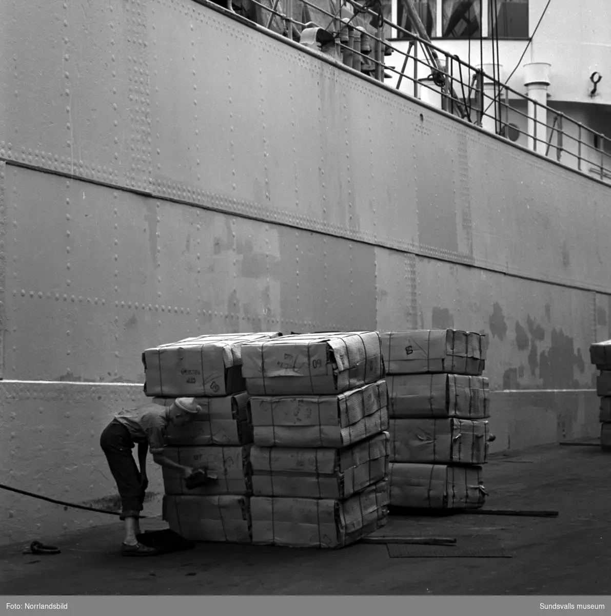 Lastning av pappersmassa för export, fartyget Nordstjernan i Östrand.