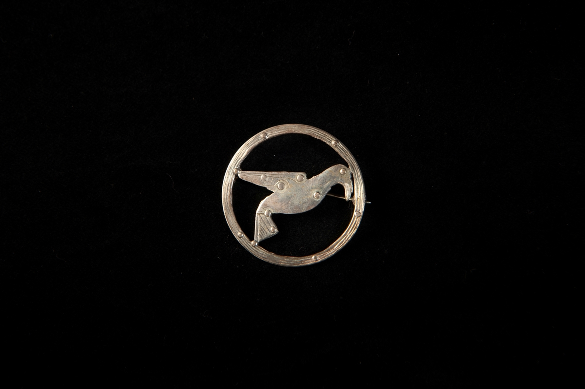 En silverbrosch i form av en ring med en avbildad spillkråka inom. Med broschen följer en tillhörande ask samt en informationslapp.