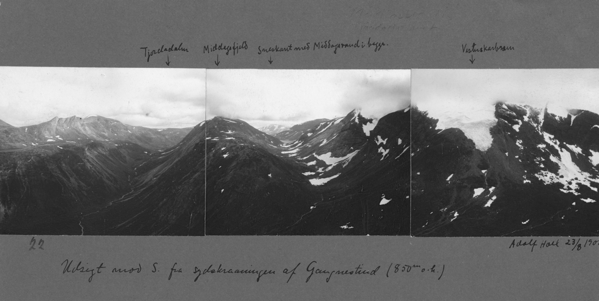 850 moh.Tjårdadalen, Middagsfjell, Snøskaret med Middagsvatn i bakgrunnen og Vesterskarbreen. Satt sammen av 3 stk 8 x 10 papirkopier