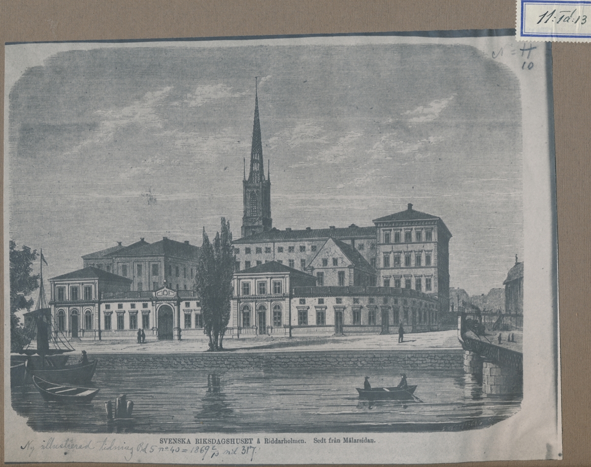 Riksdagshuset på Riddarholmen, sett från Mälarsidan.
Från Ny Illustrerad Tidning, 1869, sid 317