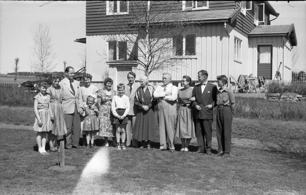 Fire bilder av Boye og Petra Høverstad (nr. fire og fem fra høyre på bilde en og to), omgitt av barn, svigerbarn og barnebarn. Bildene er tatt i hagen til Høverstads eiendom Heimen mellom Lillo og Lena, mai/juni 1955.
Personene er (regnet fra venstre på bilde nr. 1): Kari Vibeke Jemer (datter av Margot Høverstad fra hennes første ekteskap), Toril Lindflaten (barnebarn), Hans Andreas Lindflaten (svigersønn), Tordis Lindflaten (datter) med dattera Kari foran seg, Karen Lundsten, Ragnar Lundsten (barnebarn), Ivar Lundsten (svigersønn), Petra og Boye Høverstad, Margot Høverstad (svigerdatter f.Strand), Torgeir Høverstad (sønn), og Terje Høverstad (barnebarn).