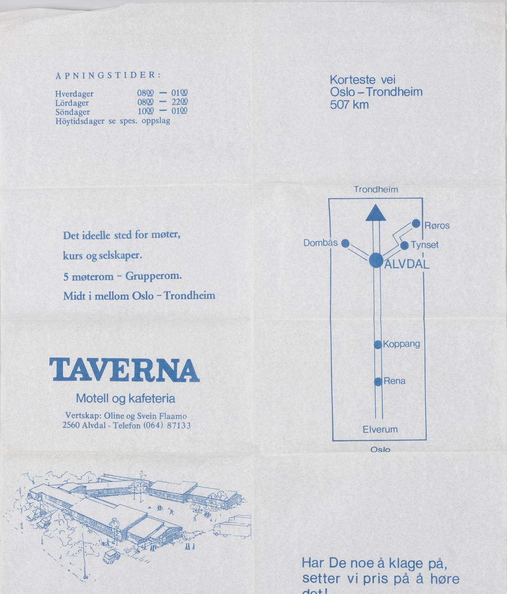 En tegning av bygningen, et veikart og en reklame for Taverna Motell og Kafeteria i Alvdal.