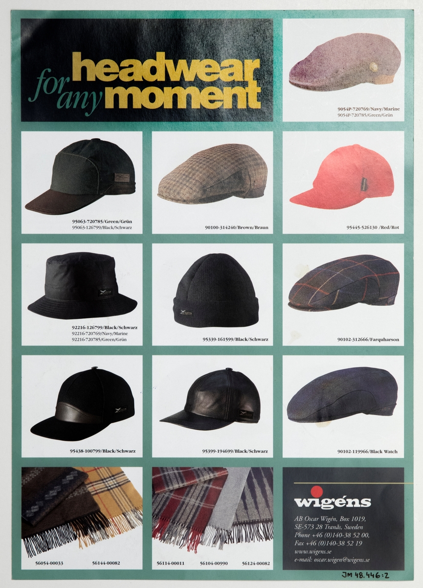 Katalogblad, pappersark med färgtryck för hatt- och mössmodeller till herr.