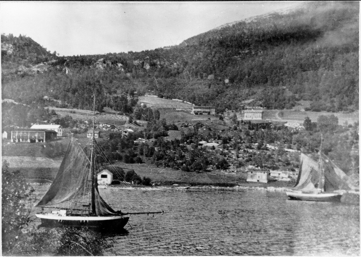 To seglbåter på fjorden, flere gårder i lia på andre sida.