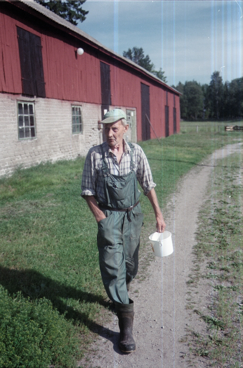 Lantbrukare Arvid Mattsson utanför ladugården, Lönnholmen, Gräsö, Uppland, sannolikt 1997