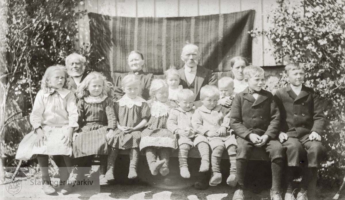 Bildet er tatt på Hammersmark i 1916..Ekteparet bakerst til venstre er Torje og Borgny Hammersmark. Ekteparet bakerst til høyre er Torje (begge mennene het det) og Alette Hammersmark (1874 - 1958). Alette var datteren til Torje og Borgny. Torje og Alette fikk tolv barn. Et av barna ble døpt Benedikte. Hun døde i krybbedød. Et av de andre barna ble derfor oppkalt etter henne. Det siste barnet til Torje og Alette ble født i 1917, altså ett år etter at dette bildet ble tatt. Hun het Alida Theresia, 1917 - 2009..De ti barna på bildet, alle født Hammersmark, er fra venstre:.Sofie, Anna, Benedikte, Genna, Alma Ellionora (1914 - 1973), Selmer, Sigurd, Tor (1915 - 1936), Mikal og Trygve...(Opplysninger gitt av Ommund Mydland via Marit Hammersmark).