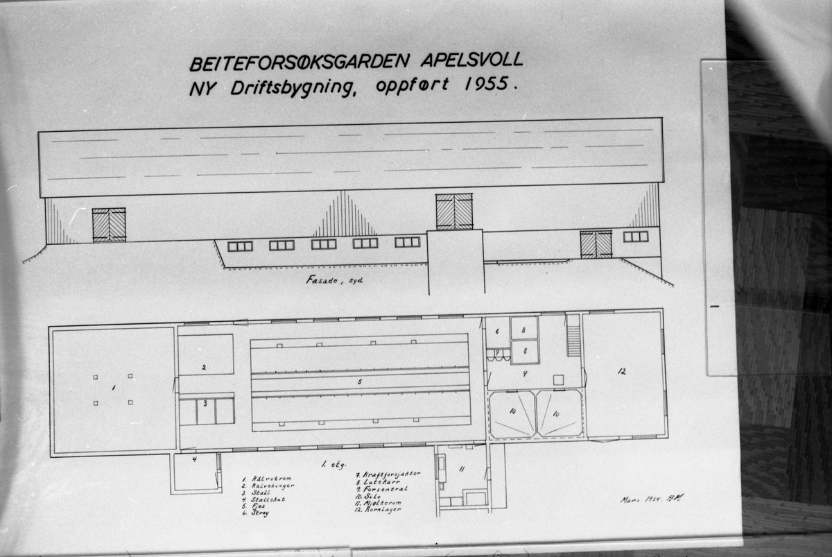 Avfotografert tegning av ny driftsbygning ved Apelsvoll, oppført 1955.