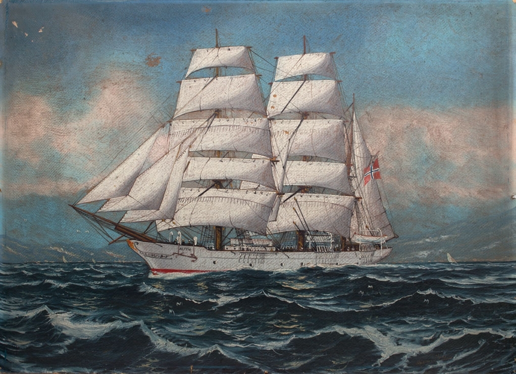 Skipsportrett av bark ALFEN under fart med full seilføring. Fører norsk flagg akter. Ser land i bakgrunn.