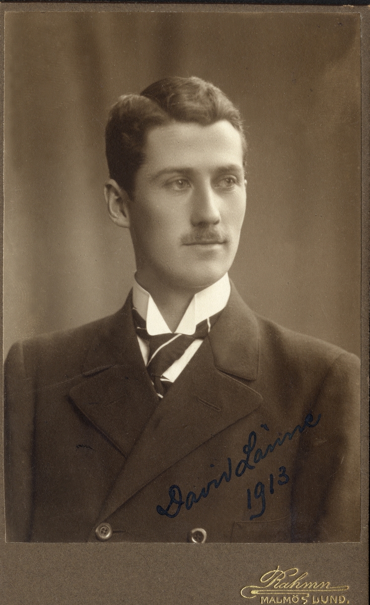 Porträttfoto av en ung man i mörk kostym med stärkkrage och randig slips. 
Nederst till höger står (på snedden): "David Länne 1913". 
Bröstbild, halvprofil. Ateljéfoto.