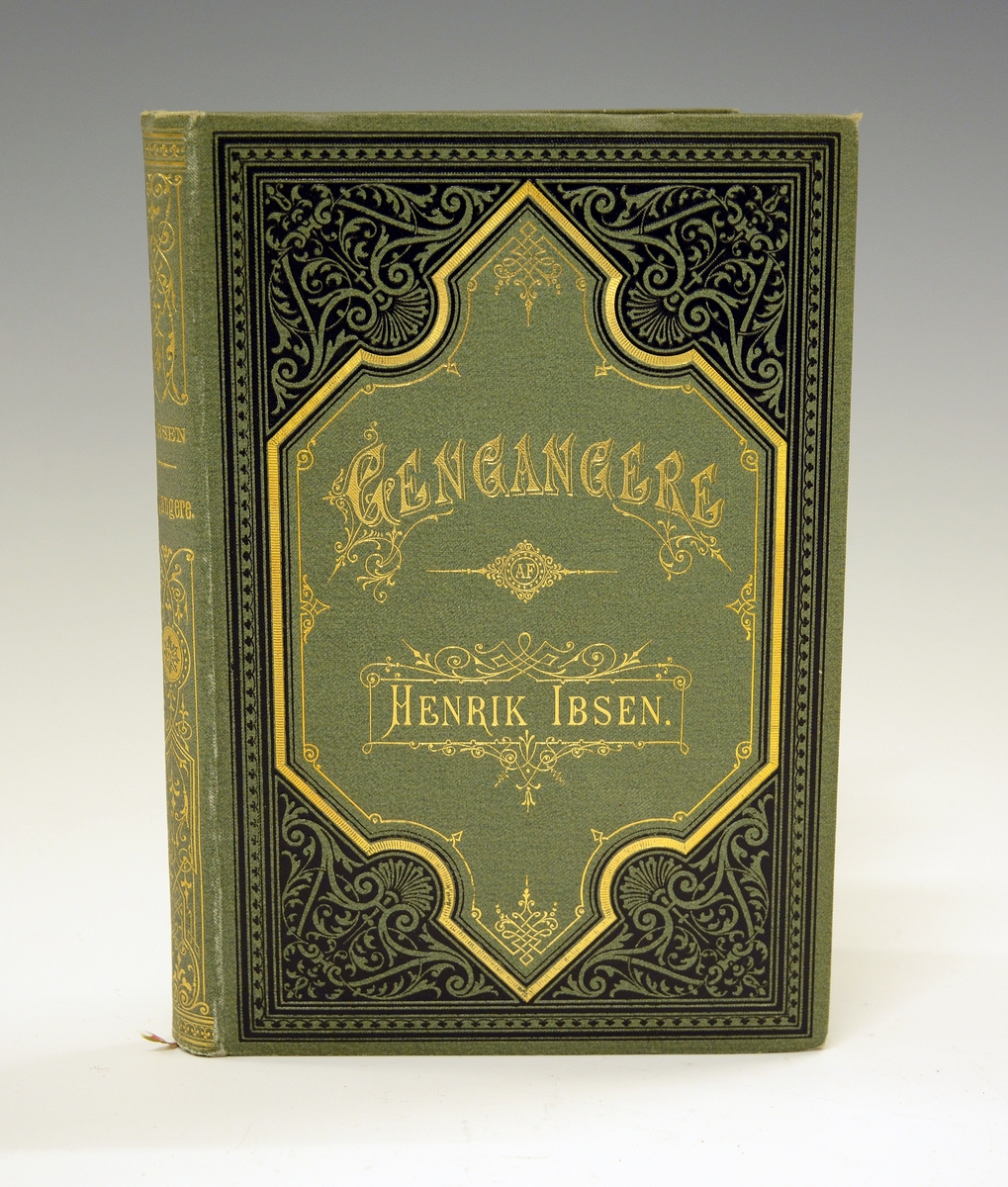 Ibsen, Henrik: Gengangere. Grønt helshirtingsbind med preget dekor i gull og sort, helt gullsnitt. 
Førsteutgave 1881.