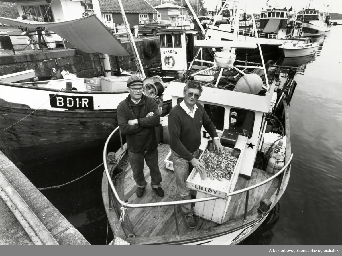 Havna. Rekefiskerne Birger Andersen (t.v.) og Arve Arnesen. Juni 1990