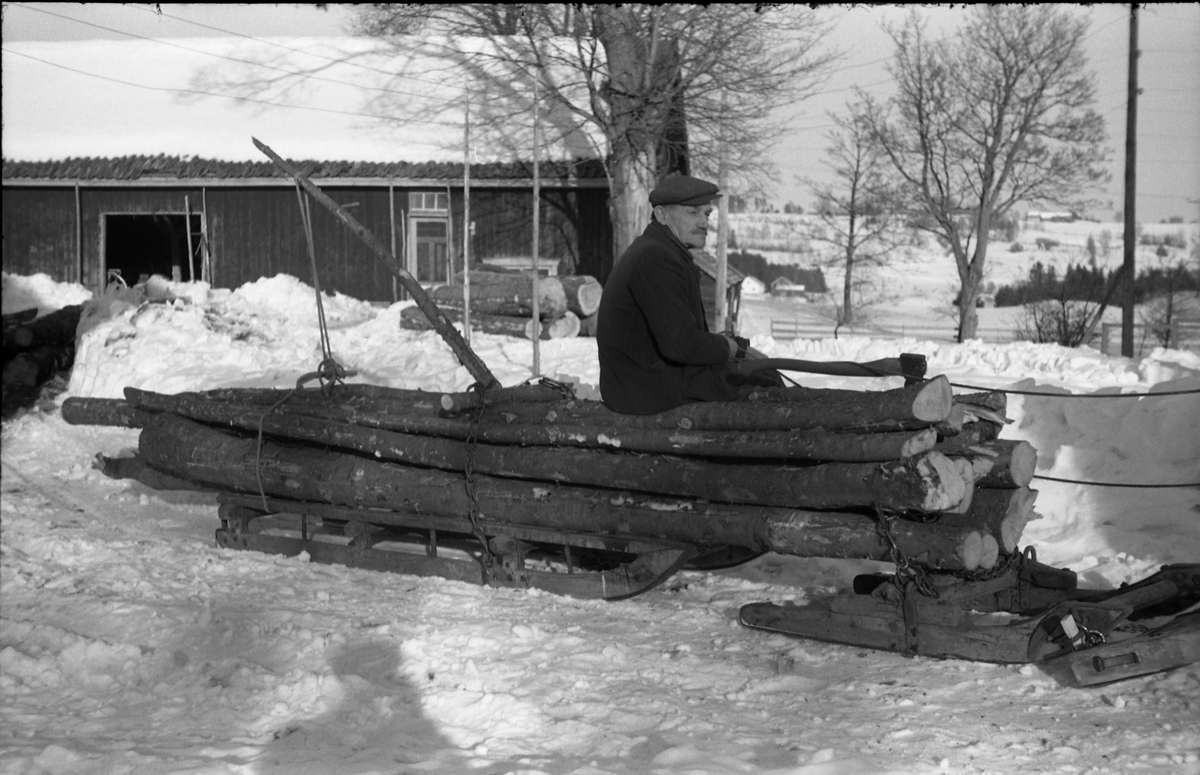 Hest trekker rustning lastet med ved/tømmer. Seks bilder fra gården Gile i Østre Toten, mars 1958. Mannen som sitter på lasset er trolig Martin Grindvoll.